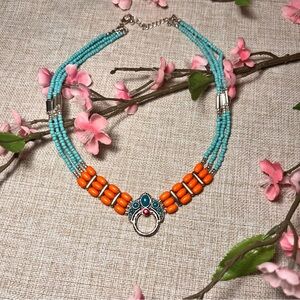VINTAGE Orange and Turquoise Tibetan-Style Beaded Bohemian Pendent Necklace